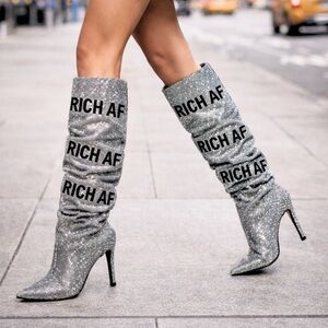 Azalea Wang “Rich AF” Silver Rhinestone Knee-High Boots Size 10 NWT
